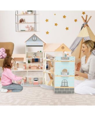 Wooden Corner Dollhouse Playset with 41 Pieces Accessories for Kids 3+ Years Old