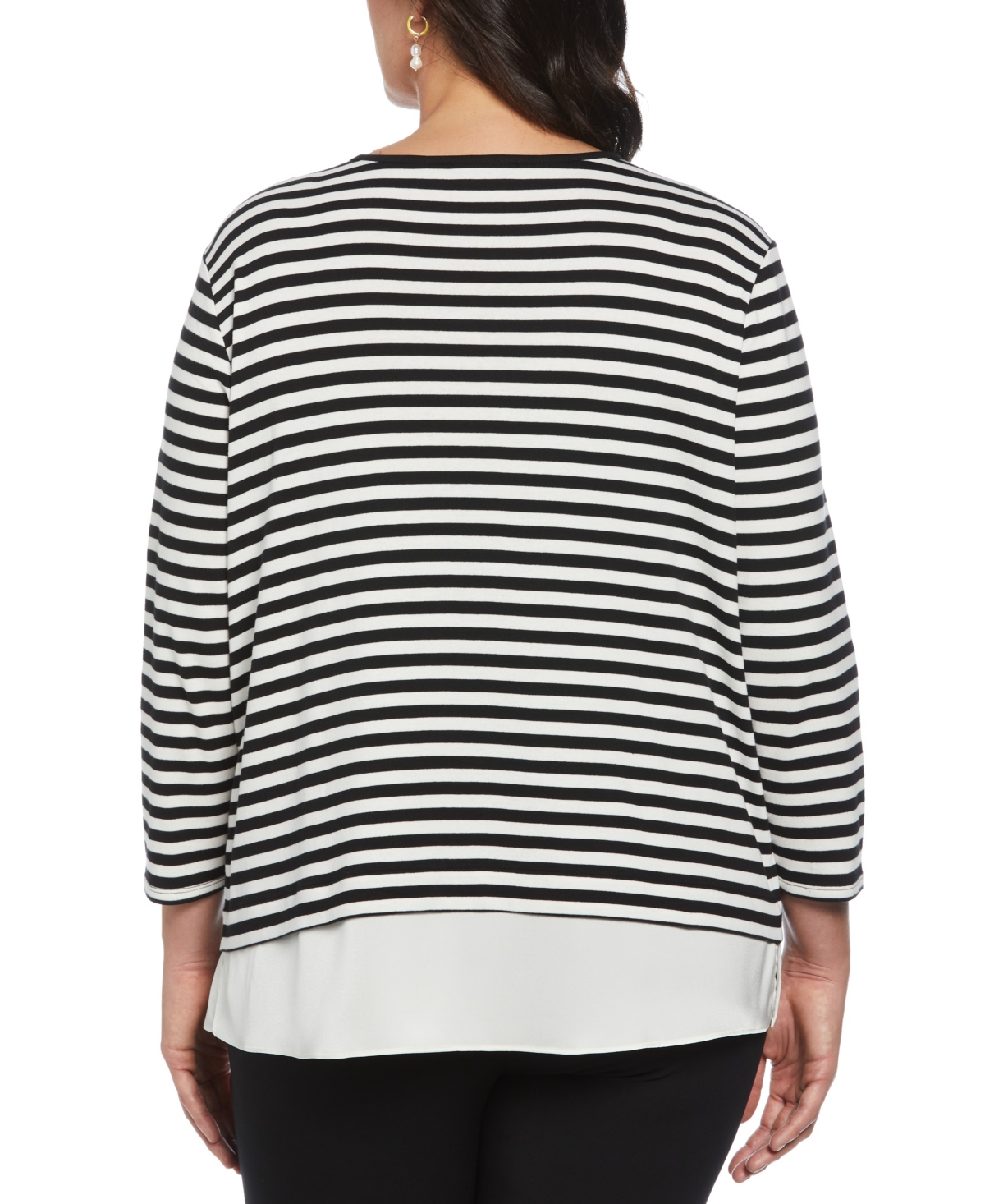 Rafaella Plus Size Stripe Rivet Detail Layered 3/4 Sleeve Top