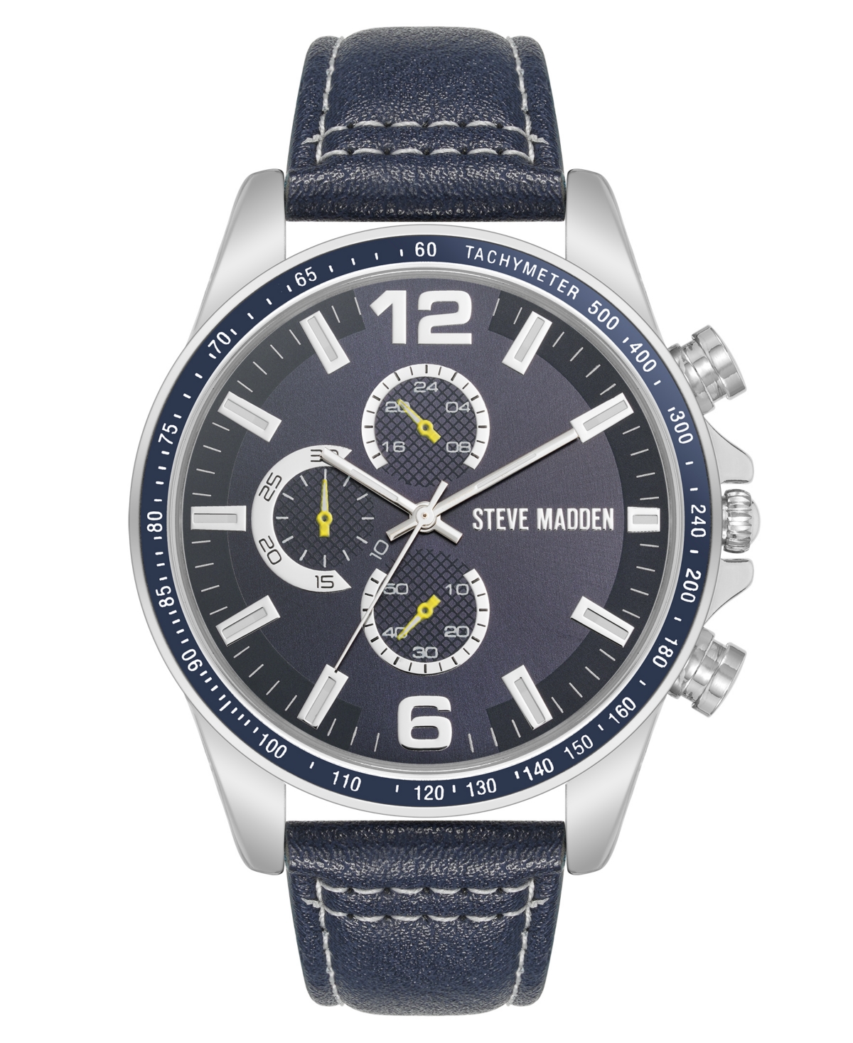 Steve Madden Men's Modern Navy Faux Leather And Silver-tone Alloy Metal Watch, 45mm In Navy,silver-tone