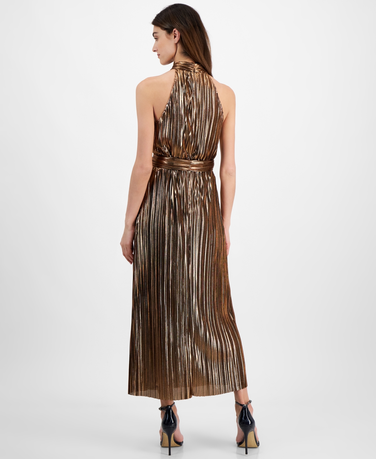 Shop Anne Klein Women's Metallic Mock Neck Halter Dress In Beige