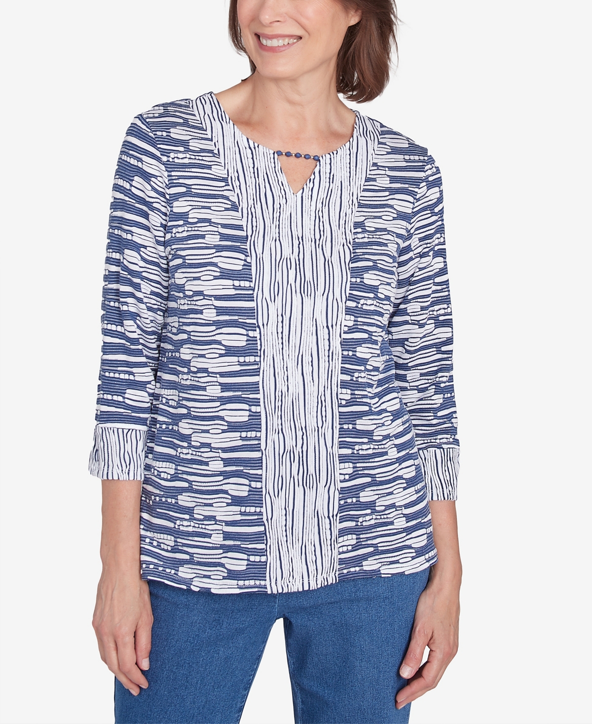 ALFRED DUNNER WOMEN'S LAKE VICTORIA SPLIT NECK SPLICED TEXTURE TOP 