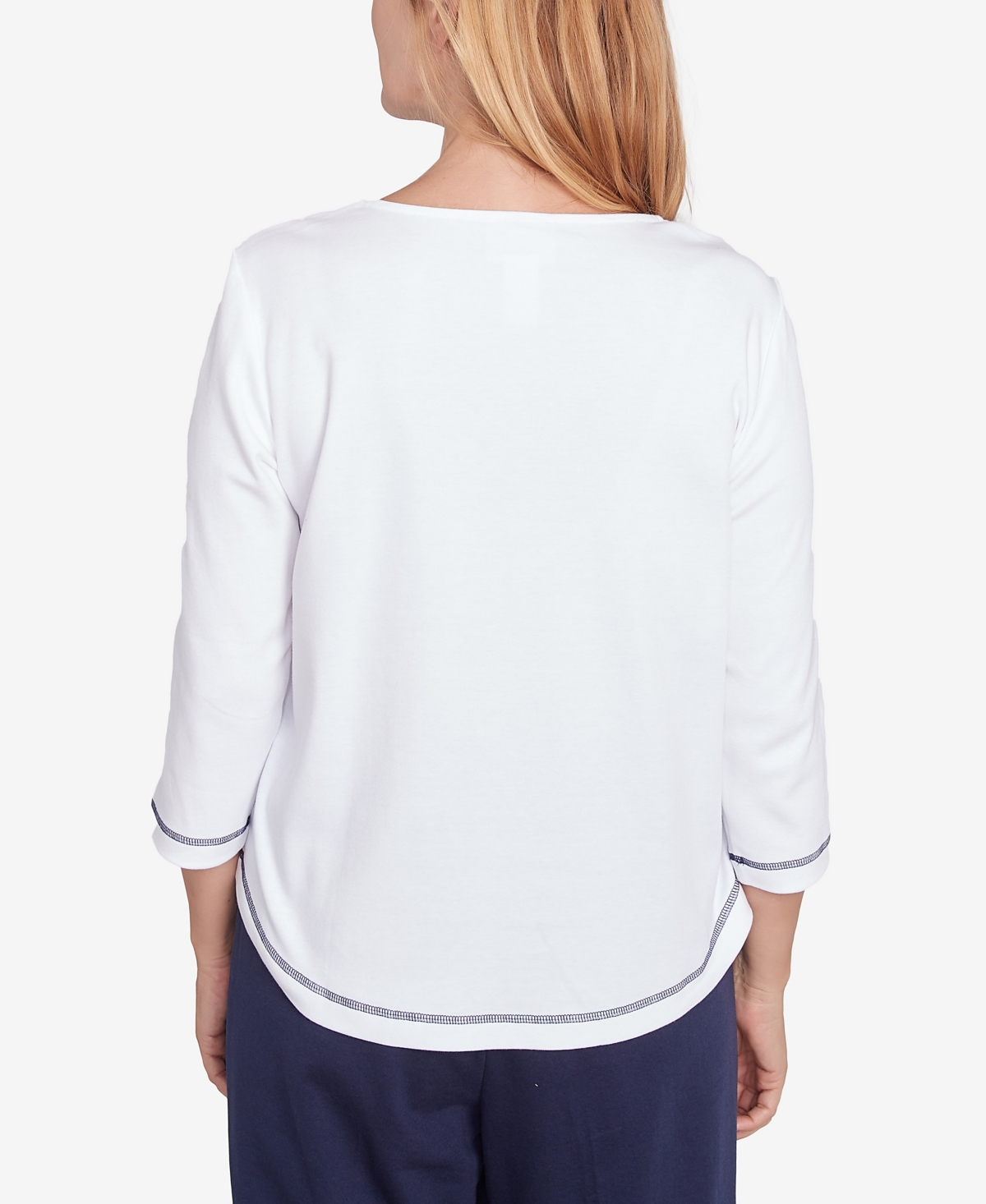 Alfred Dunner Women's Block Island Floral Embroidered Neckline Three Quarter Sleeve Top