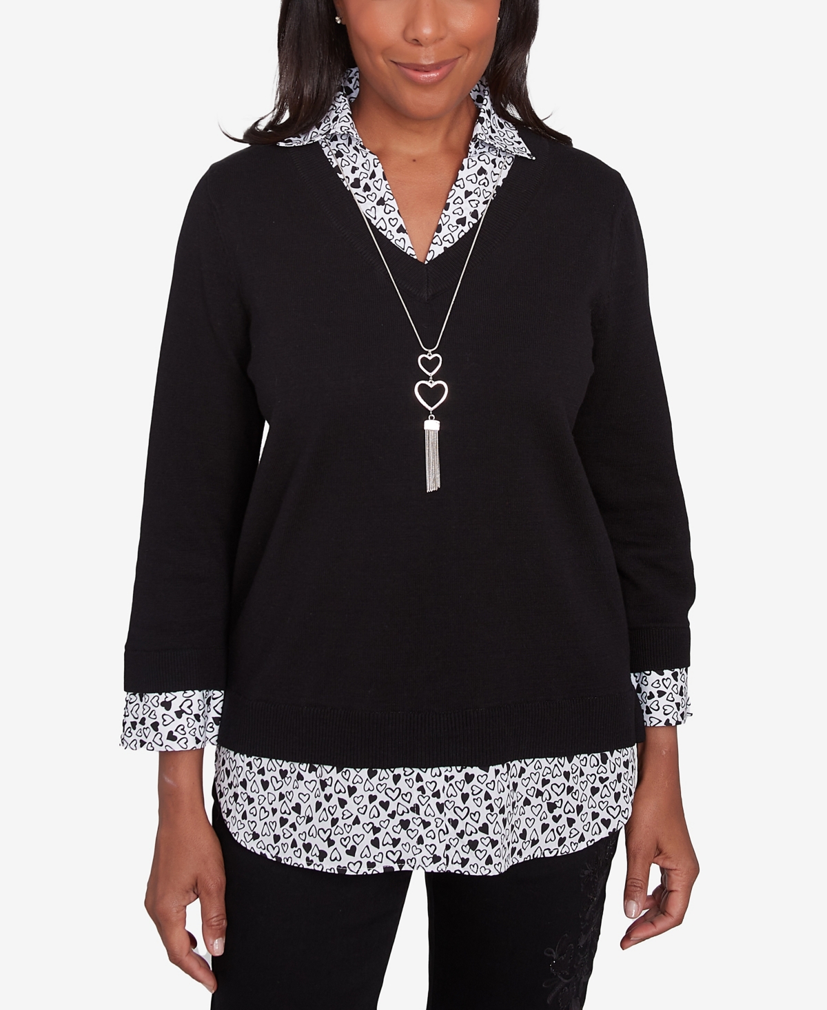 Alfred Dunner Plus Size Wild At Heart Woven Trim Two In One Sweater In Black