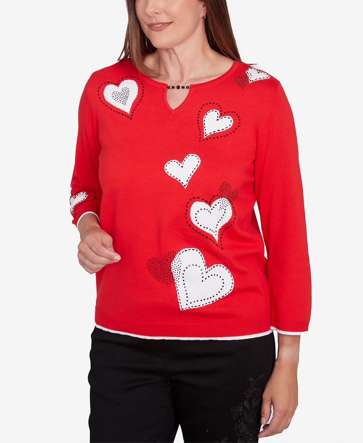 Alfred Dunner Women's Wild at Heart Stitched Hearts Beaded Neckline Sweater