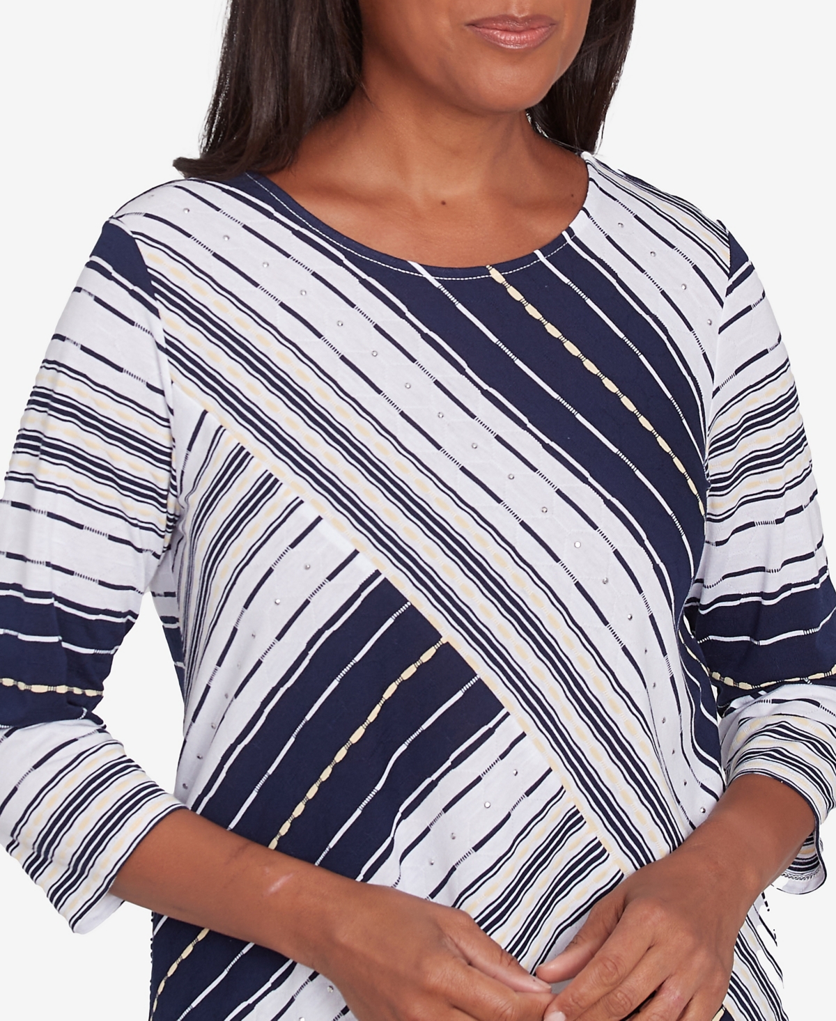 Alfred Dunner Plus Size Block Island Spliced Stripe Crew Neck Textured Top In Navy Multi