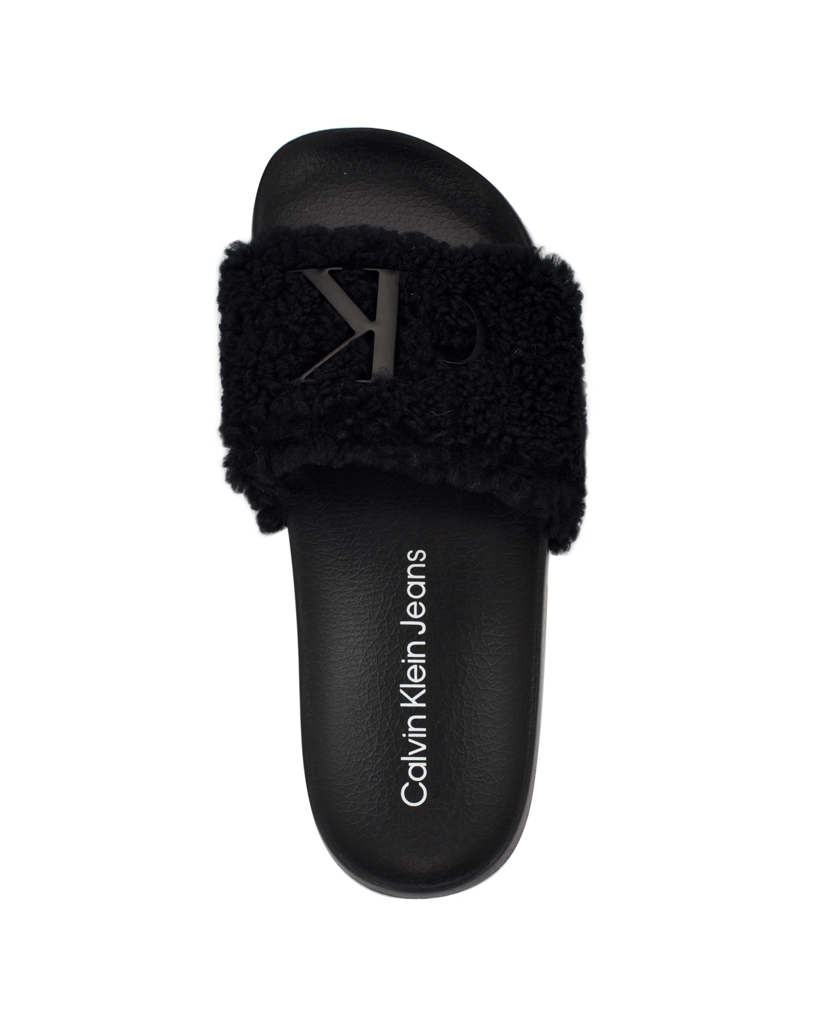 Calvin Klein Women's Amaya Fuzzy Slide Sandals In Black Shearling Logo