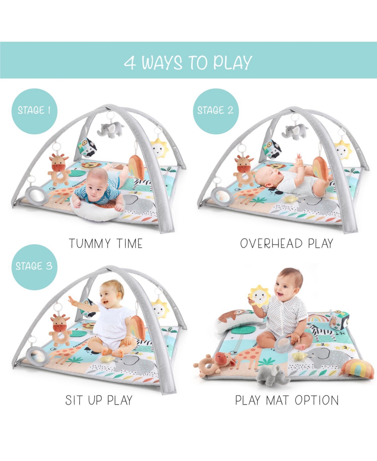 The Peanutshell 7 in 1 Baby Play Gym and Tummy Time Mat, Safari 123 -green/coral