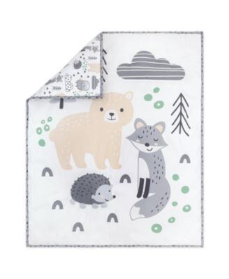 Grey, Tan and Green Woodscape 5 Piece Crib Bedding Set for Baby Boys or Girls, Nursery Set with Blanket