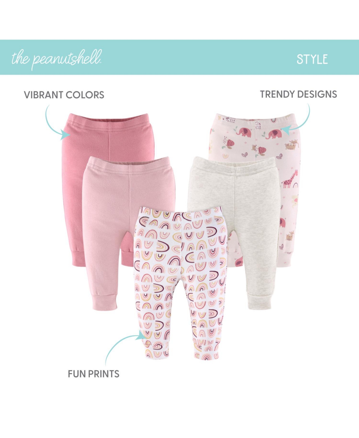 The Peanutshell Baby Girls Pants, 5-Pack, Rainbow Safari -coral