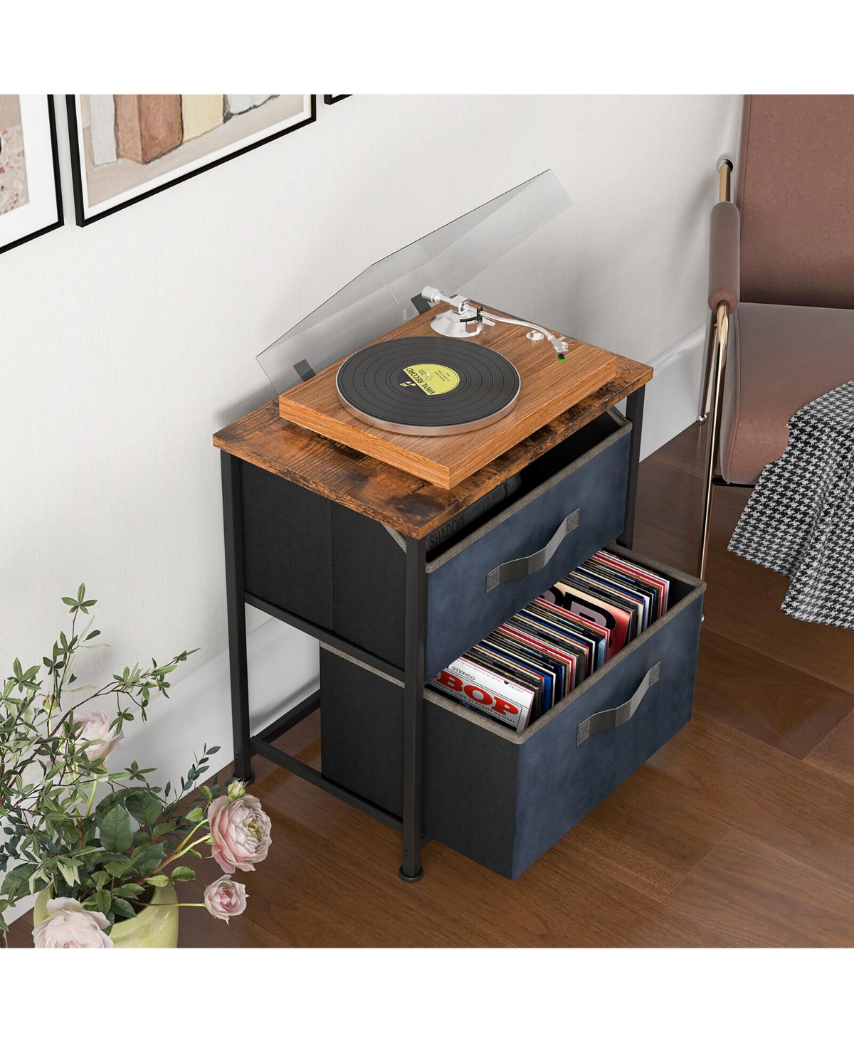 Gymax 2PCS Nightstand End Side Table Dresser w/ 2 Pull-out Fabric Drawers for Bedroom - Rustic brown+navy+black