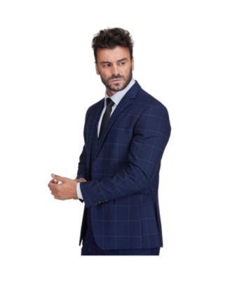 Men's Slim Fit 3-Piece Blue Windowpane Plaid Suit