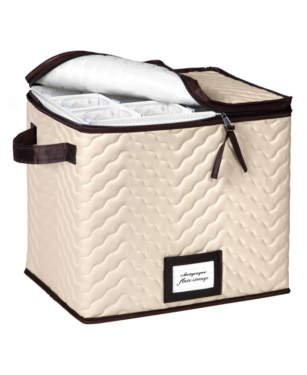 Wine Glass Storage Box with Dividers - Holds 12 Champagne Flute Glasses up to 10" Tall - Beige
