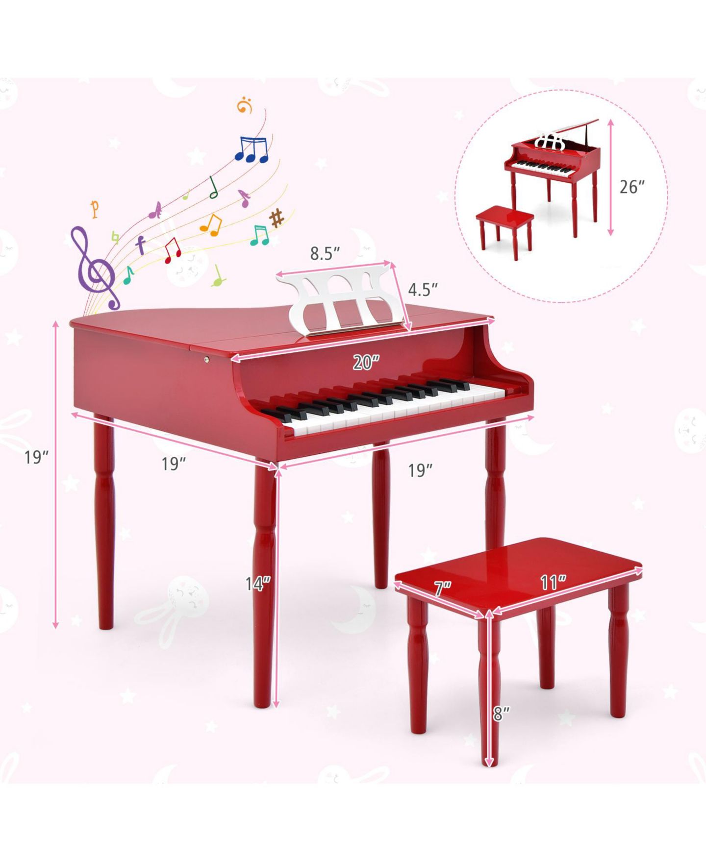 Детские игрушки HONGGE 30-Key Wood Toy Grand Piano, Music Practice, 3-Piece Grand Piano, Bench and Music Rack Set, Ages 3+ — фото 3