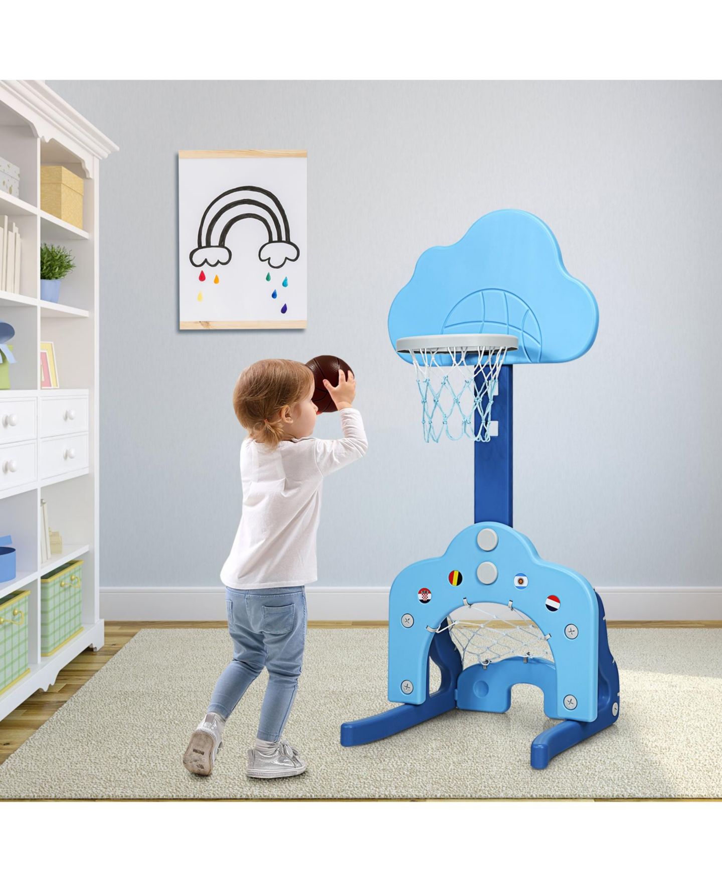Детские игрушки HONGGE 3-in-1 Height-Adjustable Kids Basketball Hoop Set, Ages 1.5-8 — фото 5