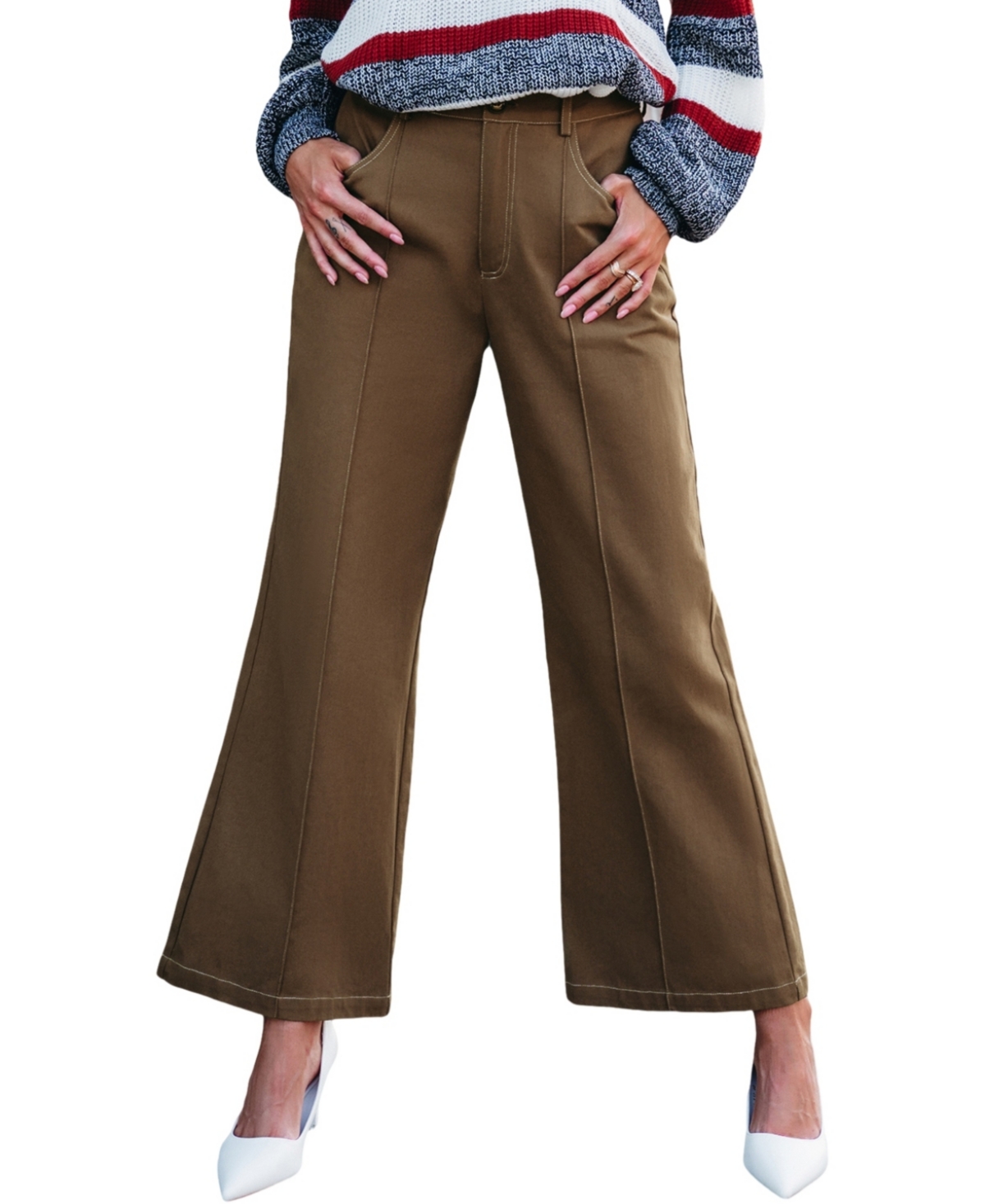 Women's Brown Flared Leg Cotton Pants - Brown