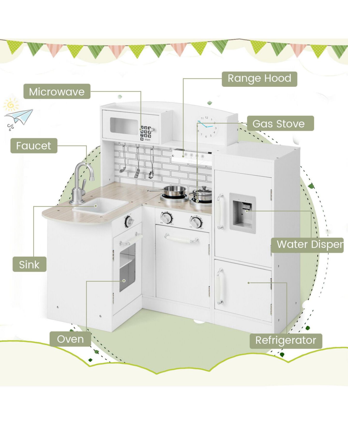 Детские игрушки HONGGE Conor Corner Kitchen Playset with Microwave and Oven Stove, 6-Piece Set, Ages 3+ — фото 4