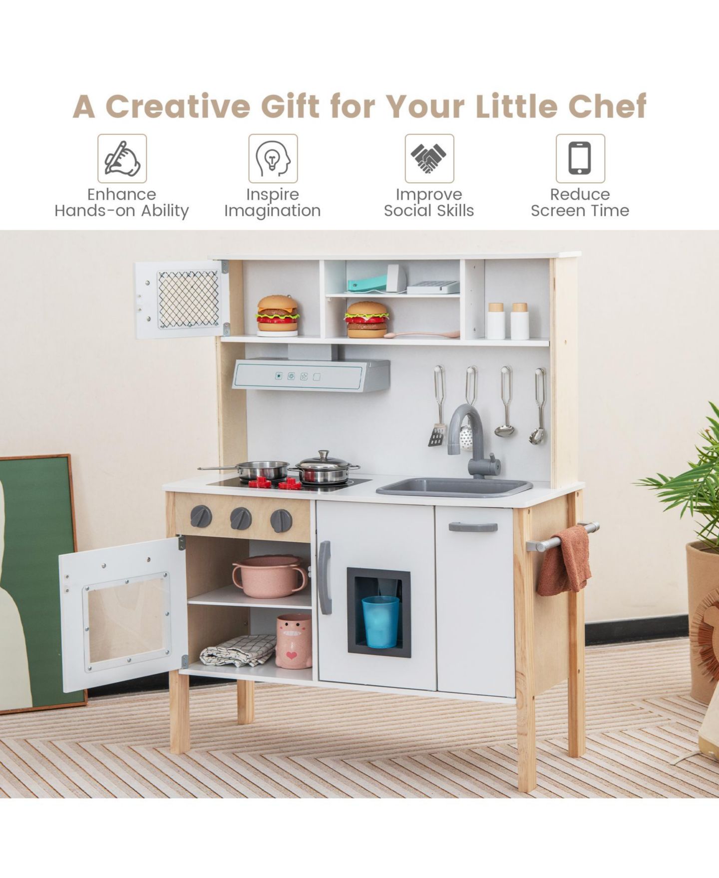 Детские игрушки HONGGE Wooden 18-Piece Play Kitchen Set, Ages 3+, цвет: Белый — фото 7