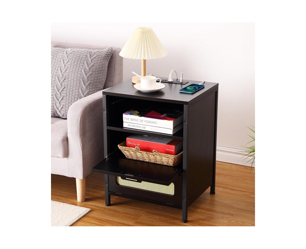 gaomon Modern Rattan Nightstand with Two Decorative Drawers, Boho End Table with Usb Charger Port, Storage Cabinet for Bedroom, Living Room, Office, D