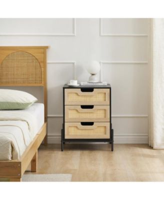 Rattan Nightstand, Black Nightstand with 3 Natural Rattan Drawers, Boho Mid Century Modern Bedside Table, Stylish End Table, and Functional Side Table Cabinet with Storage Drawers for Bedroom