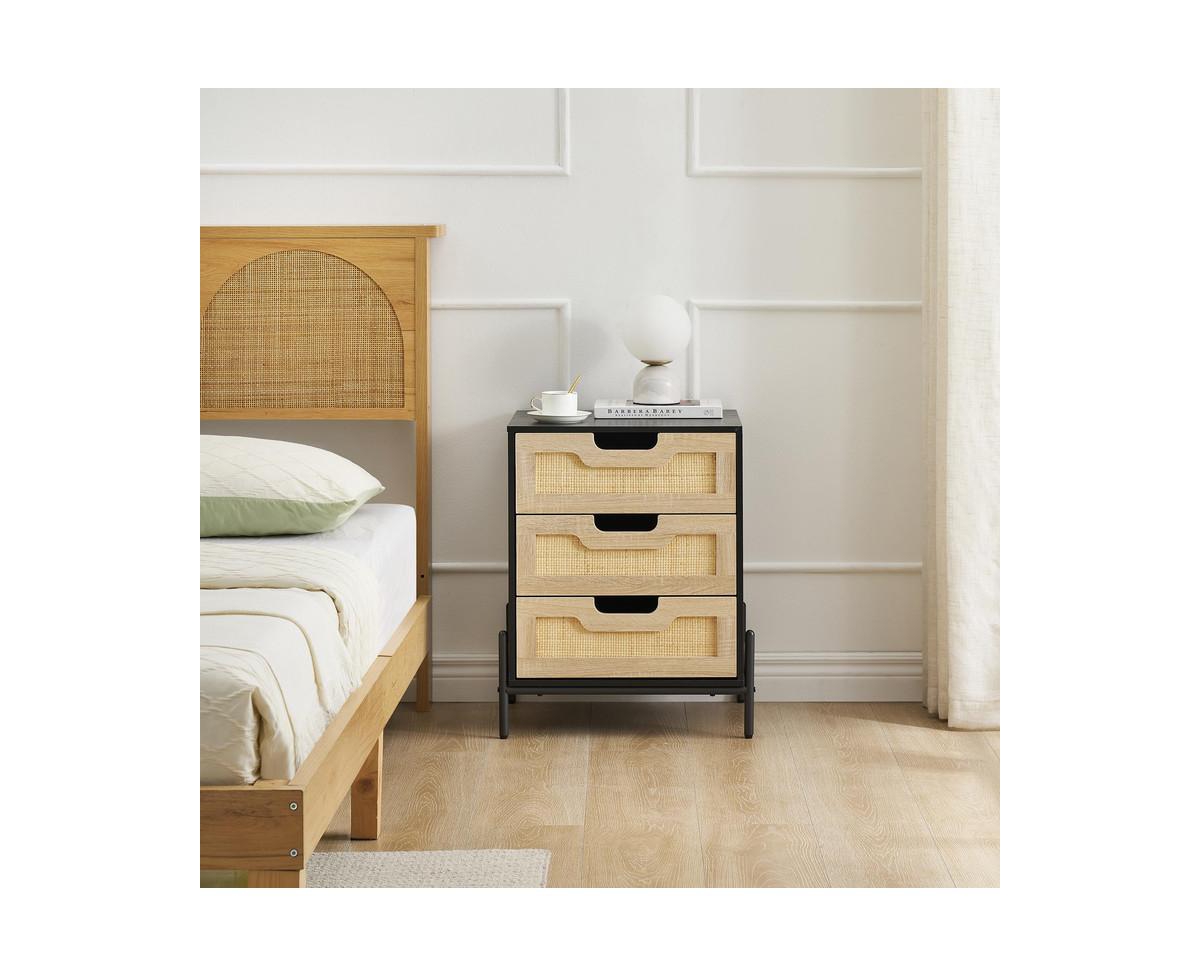 gaomon Rattan Nightstand,Nightstand with 3 Natural Rattan Drawers, Boho Mid Century Modern Bedside Table, Stylish End Table, and Functional Sid