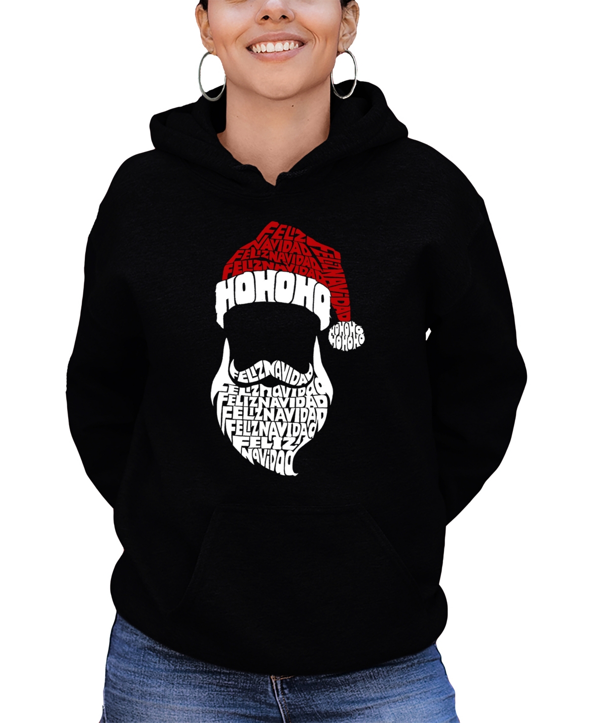 LA POP ART WOMEN'S FELIZ NAVIDAD SANTA CLAUS WORD ART HOODED SWEATSHIRT 