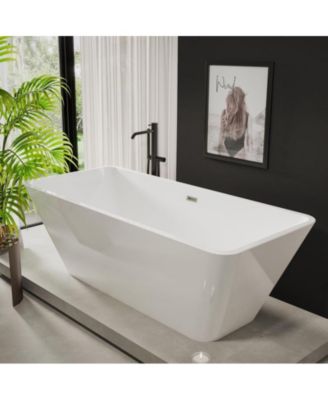 66" Acrylic Freestanding Bathtub, Square Contemporary Soaking Tub with Chrome Drain & Linear Overflow, CUPC Certified