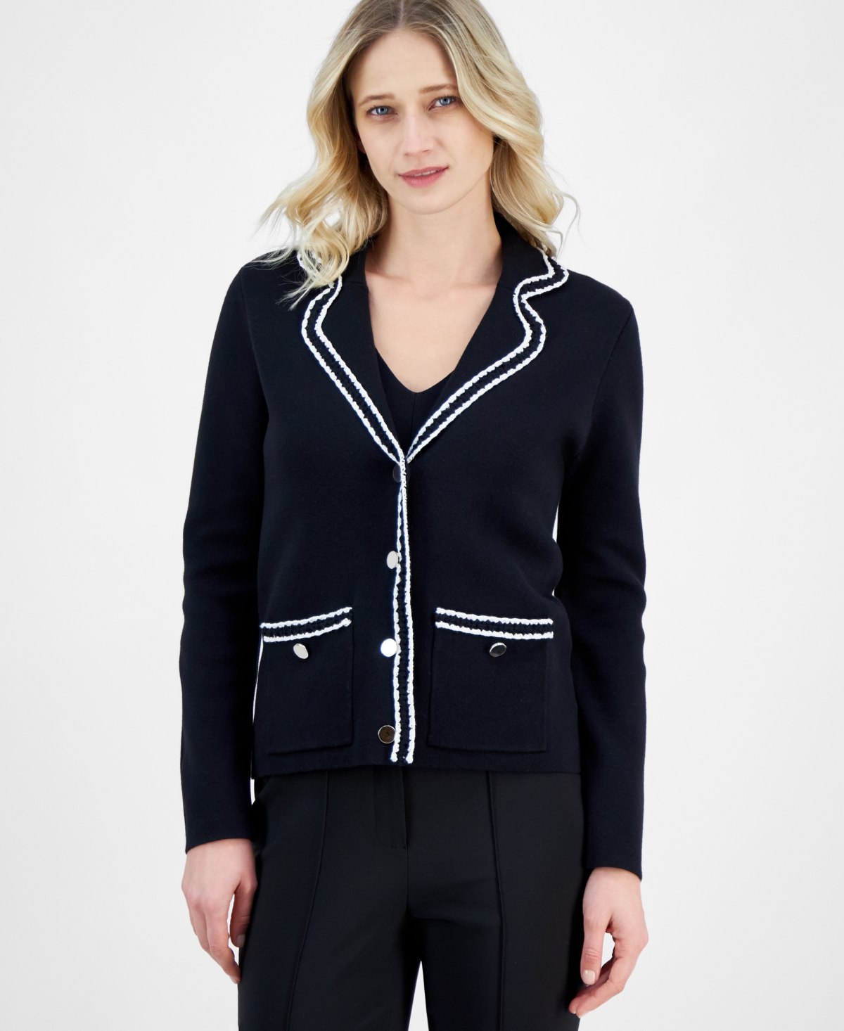 Shop Anne Klein Women's Braided-trim Notched-collar Cardigan Sweater In Anne Black