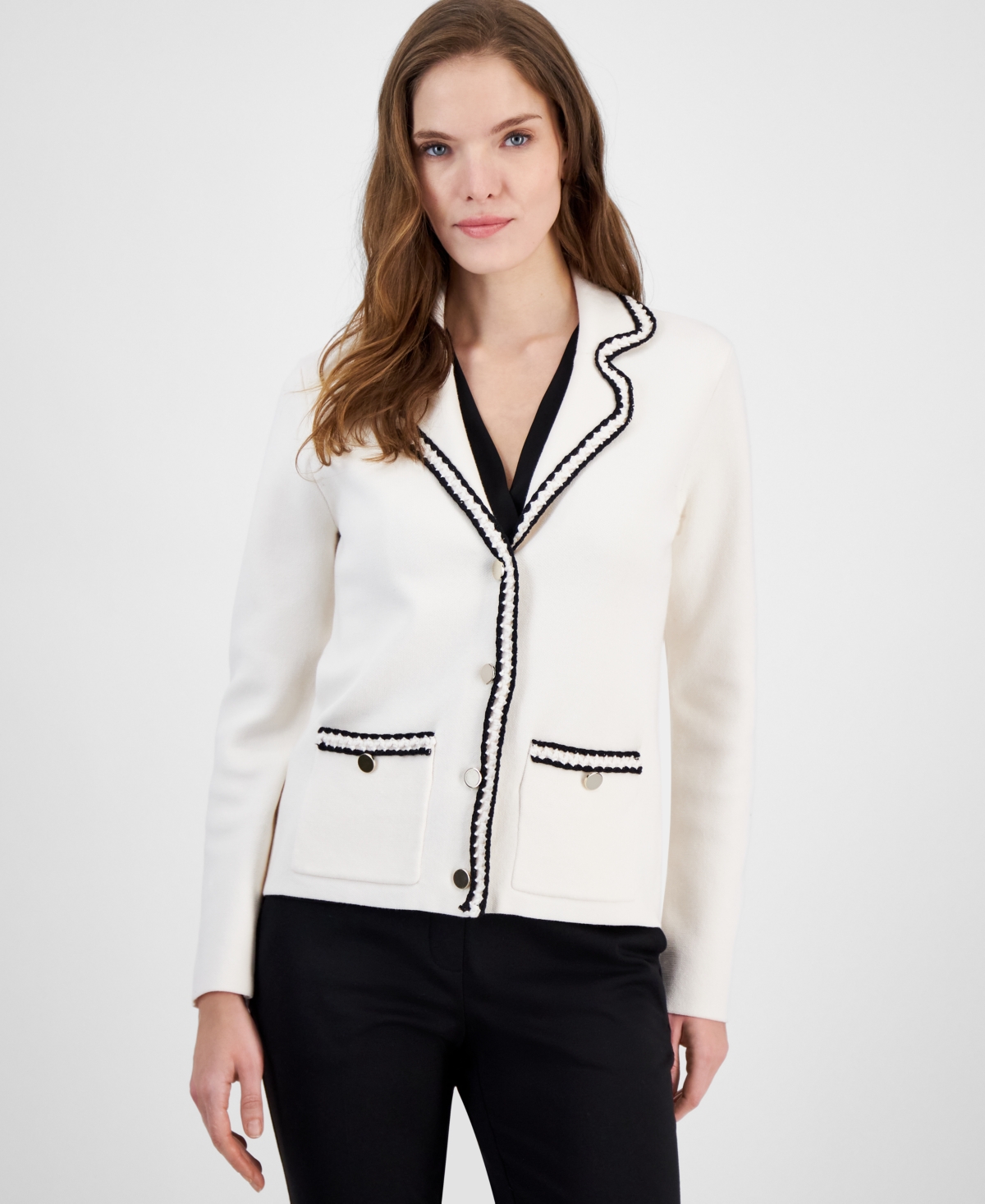 Shop Anne Klein Women's Braided-trim Notched-collar Cardigan Sweater In White Dove