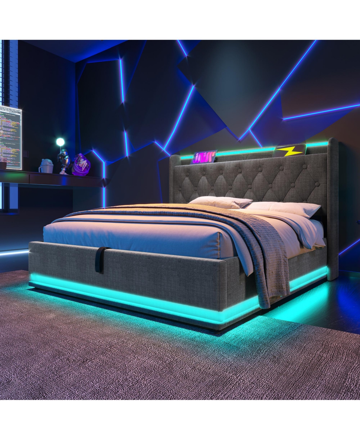 Streamdale Furniture Modern Upholstered Bed with 360 Led, Storage, and Usb-c Charging