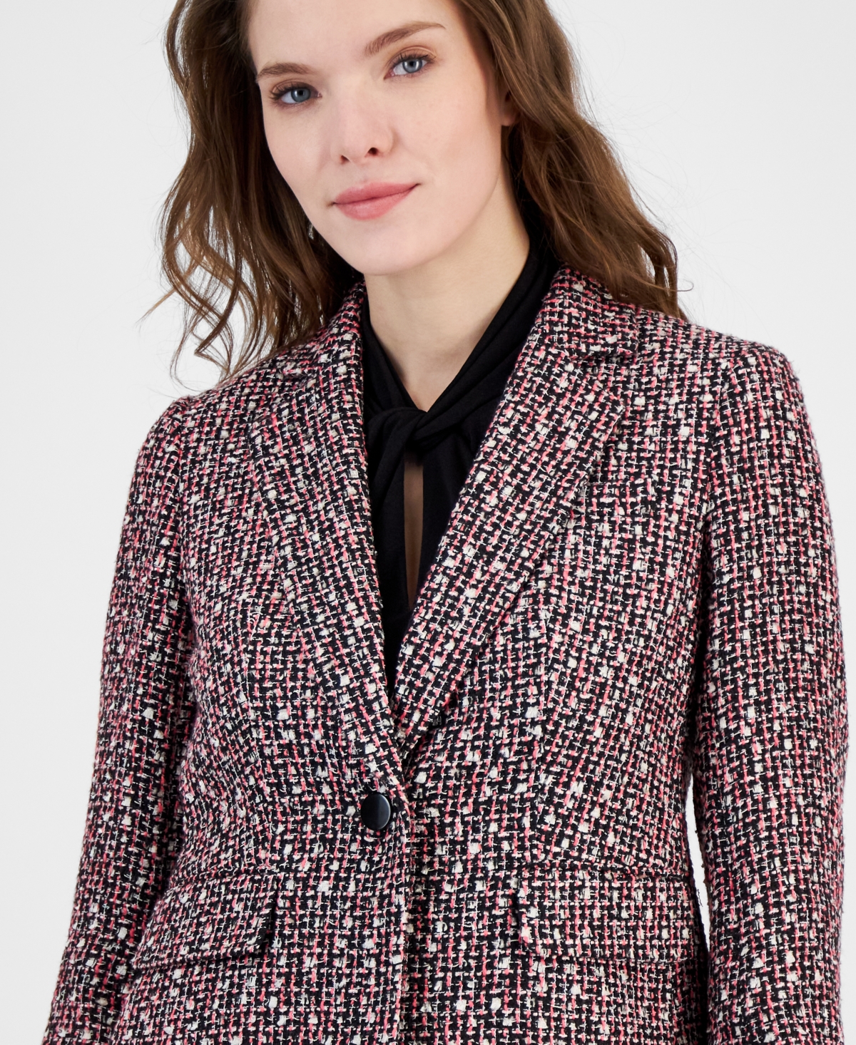 Shop Anne Klein Women's Notched-collar Single-button 3/4-sleeve Jacket In Anne Black Multi