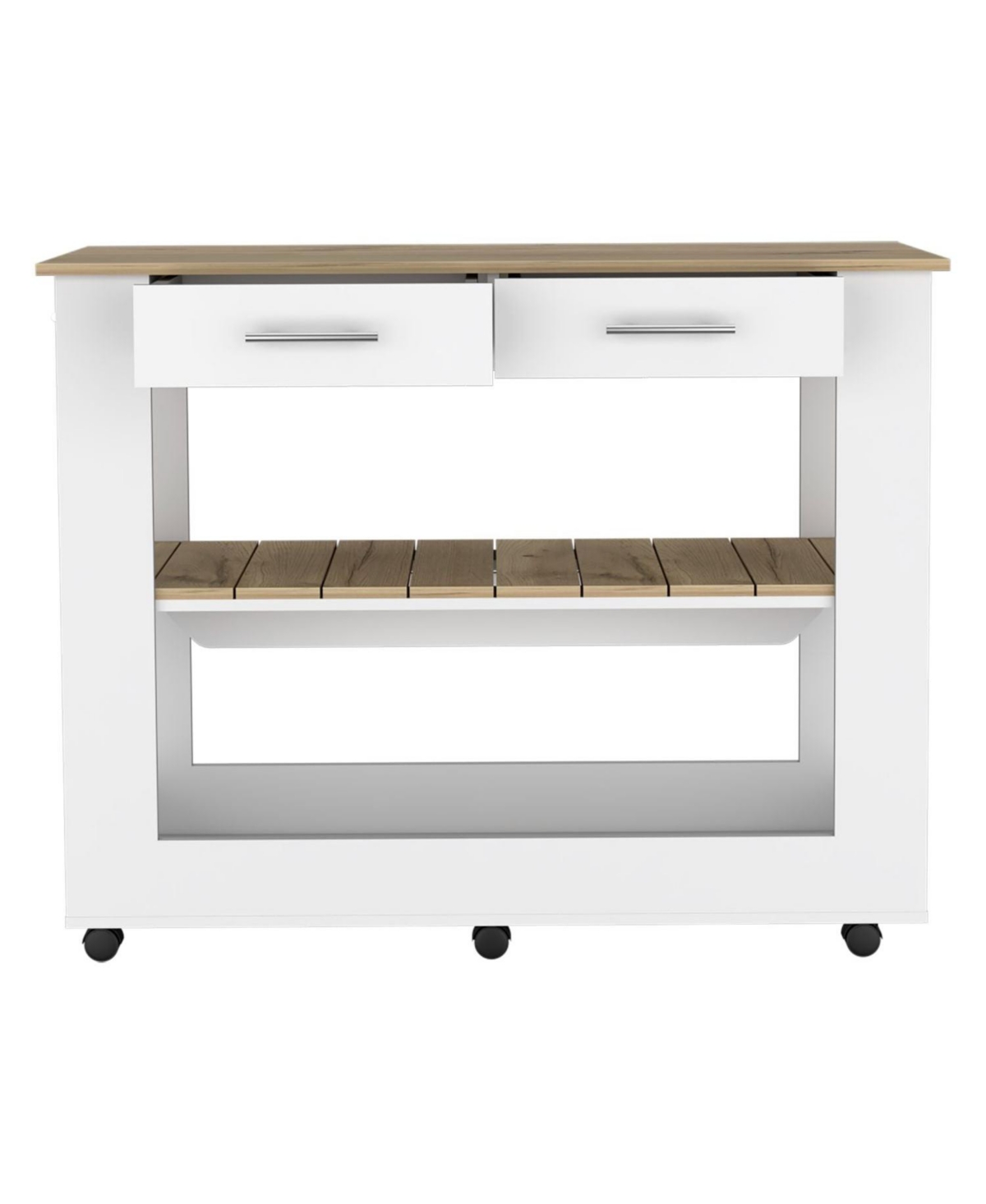 Depot E-Shop Delos Kitchen Island H, Six Casters, Two Drawers, Two Open Storage Shelves, Towel Hanger -/ light oak