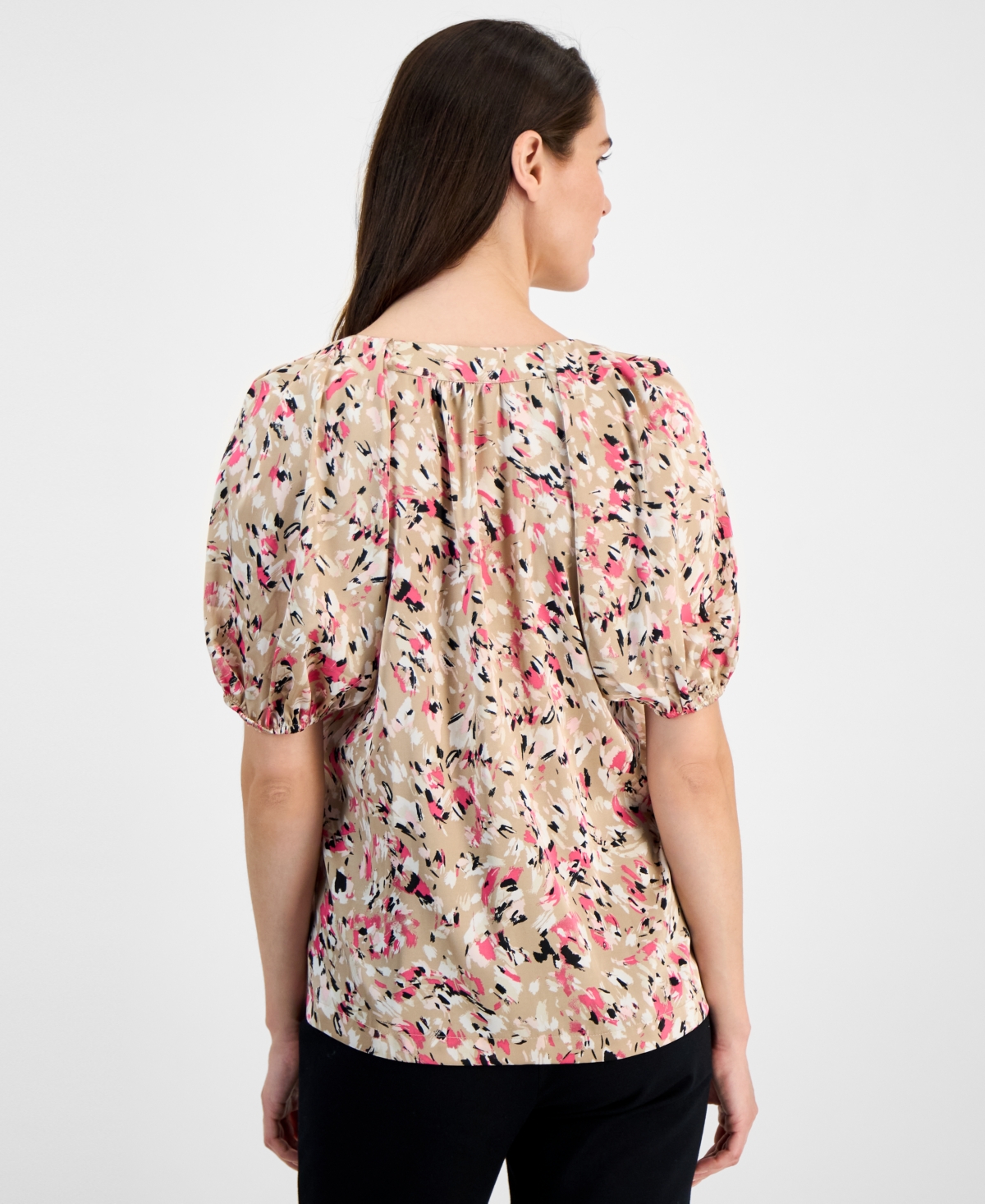 Anne Klein Abstract Print Puff Sleeve Top In Latte Multi