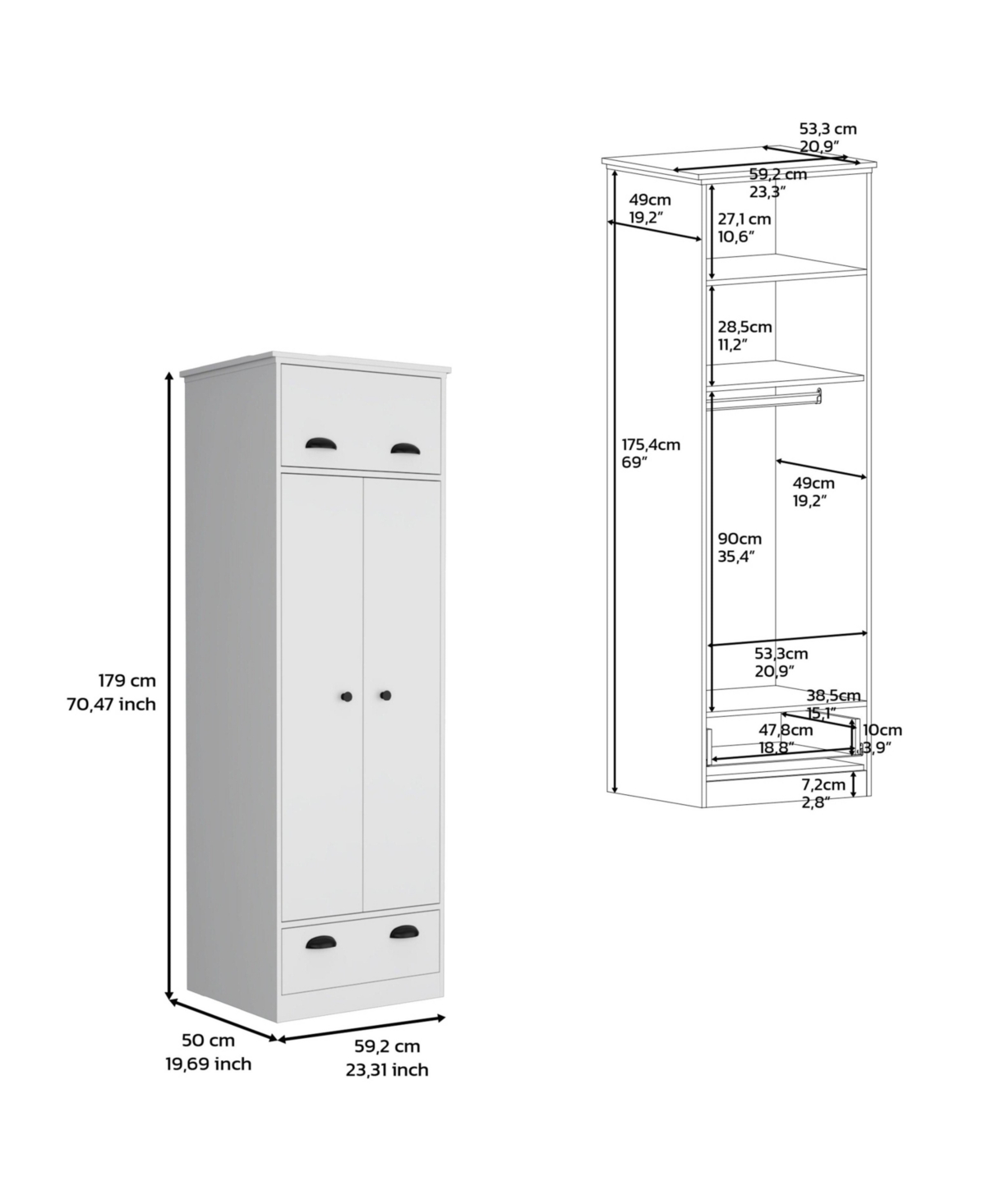 Depot E-Shop Tifton Armoire with Hinged Drawer, 2-Doors, and 1-Drawer,- White