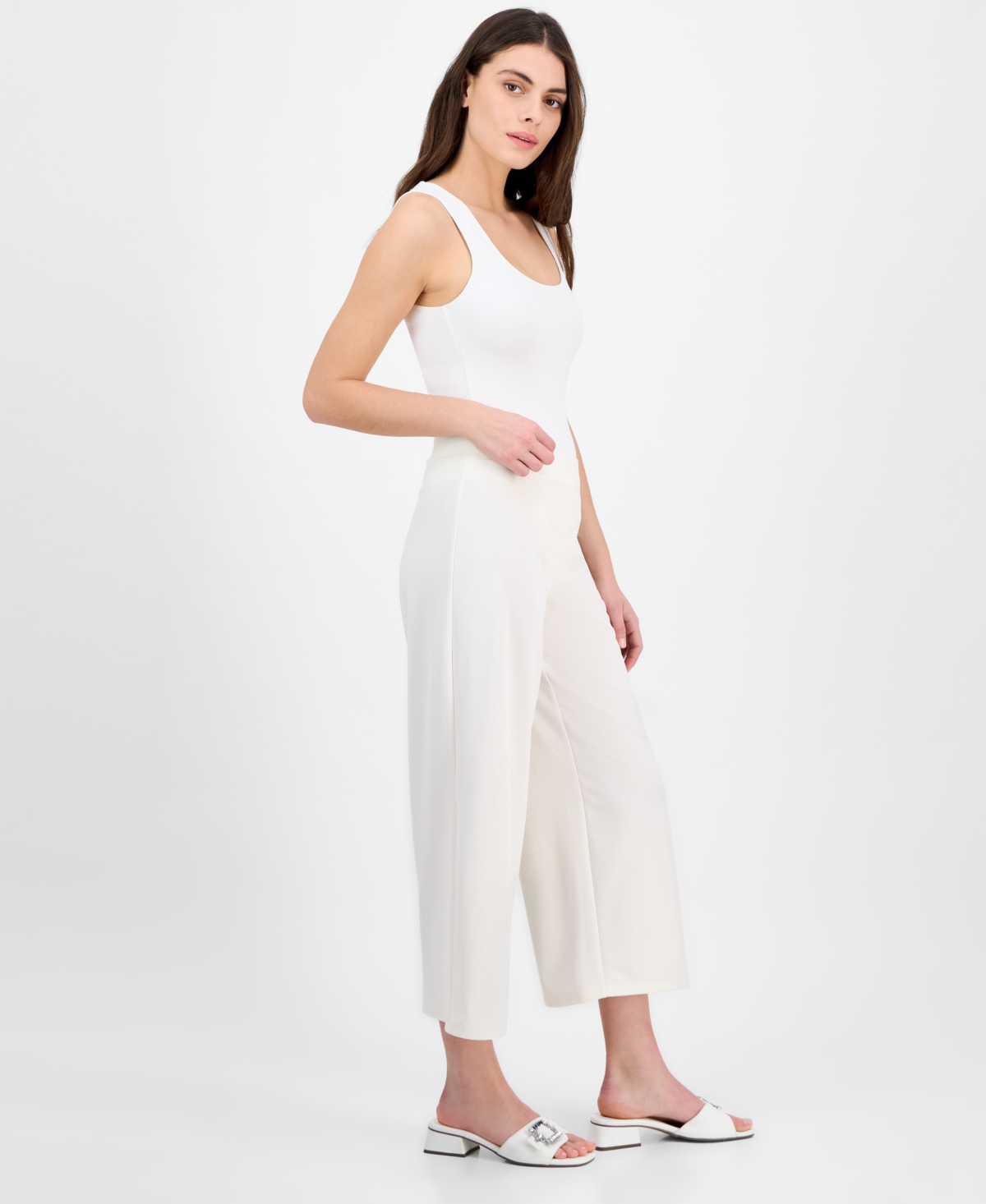 Shop Anne Klein Women's Textured Knit Crepe Pull-on Cropped Palazzo Pants In White Dove