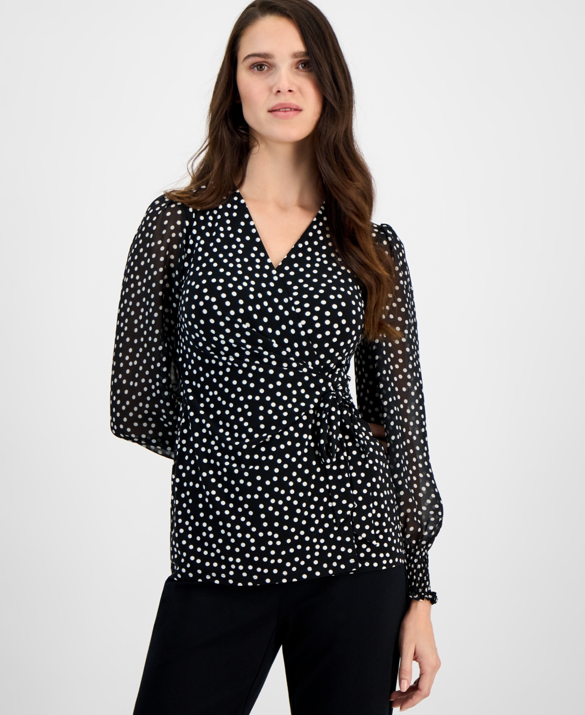 Anne Klein Women's Floral-print Smocked Wrap Top In Anne Black,anne White