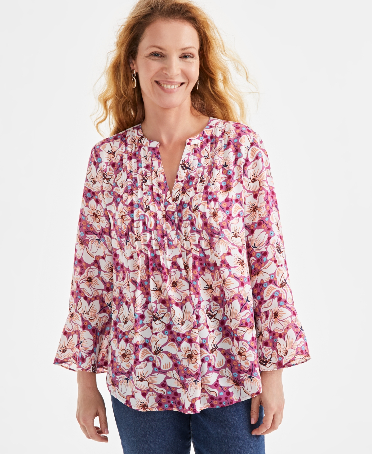 STYLE & CO PETITE PRINTED PINTUCK 3/4-SLEEVE TOP, EXCLUSIVELY AT MACY'S 