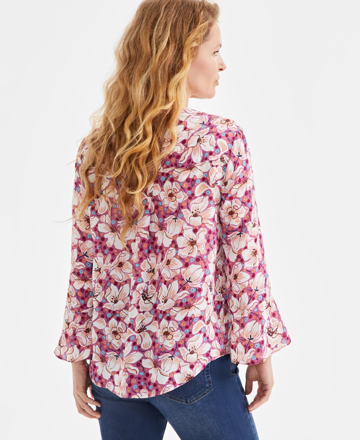 STYLE & CO PETITE PRINTED PINTUCK 3/4-SLEEVE TOP, EXCLUSIVELY AT MACY'S 