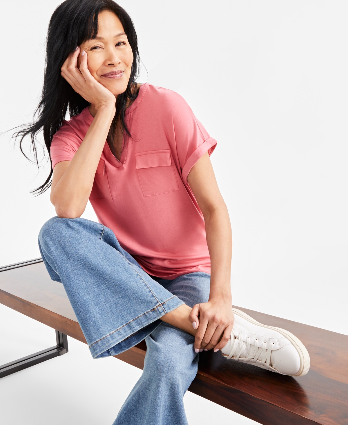 Petite Short-Sleeve Knit Camp Shirt, Exclusively at Macy's - Coral Pink