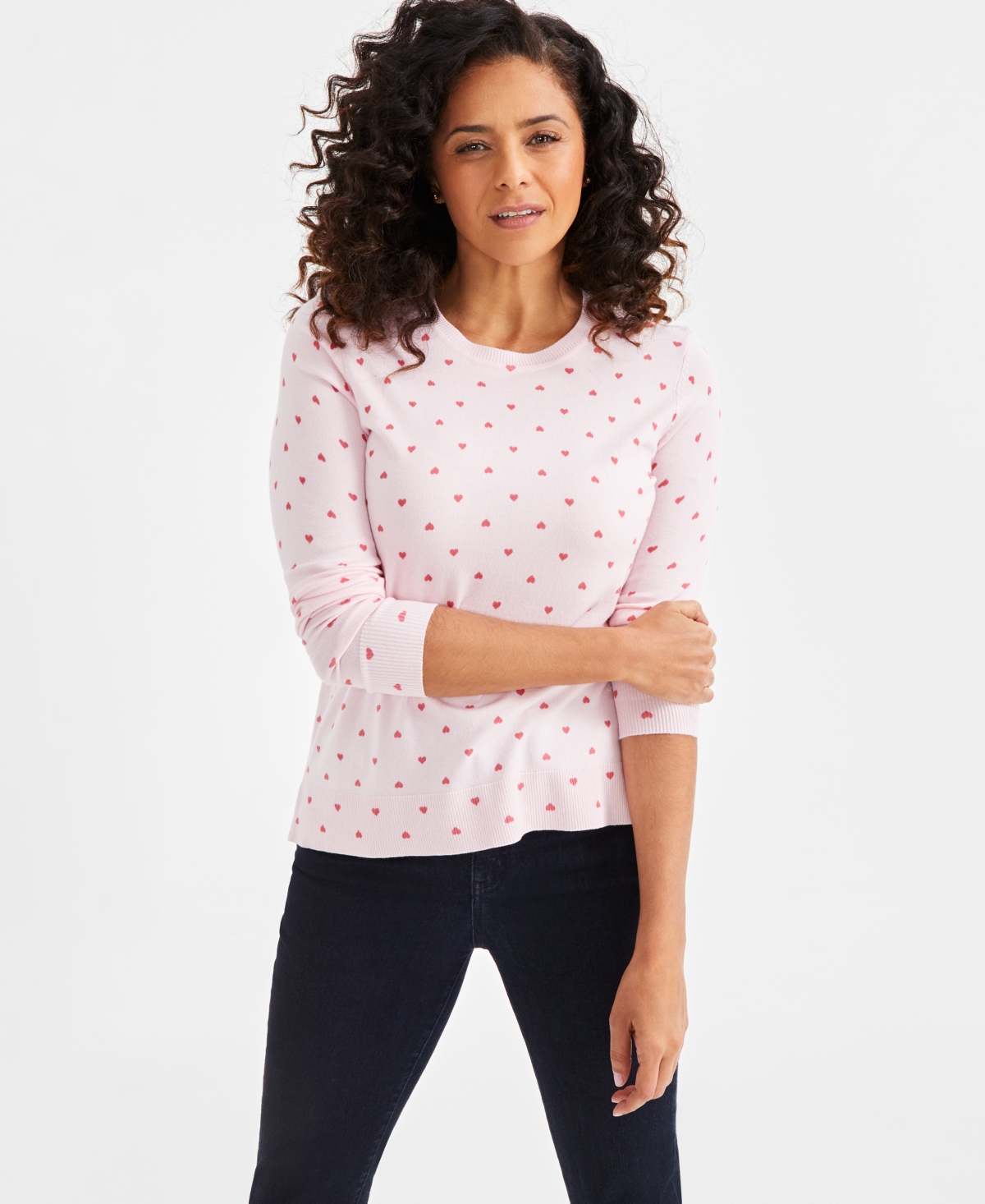 Women's Printed Crewneck Long-Sleeve Sweater, Exclusively at Macy's - Heart Dusty Pink
