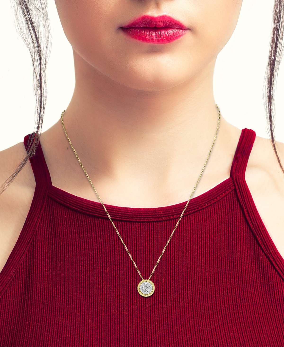 MACY'S DIAMOND ROPE-FRAMED CIRCLE PENDANT NECKLACE (1/4 CT. T.W.) IN 10K GOLD, 16" + 2" EXTENDER 