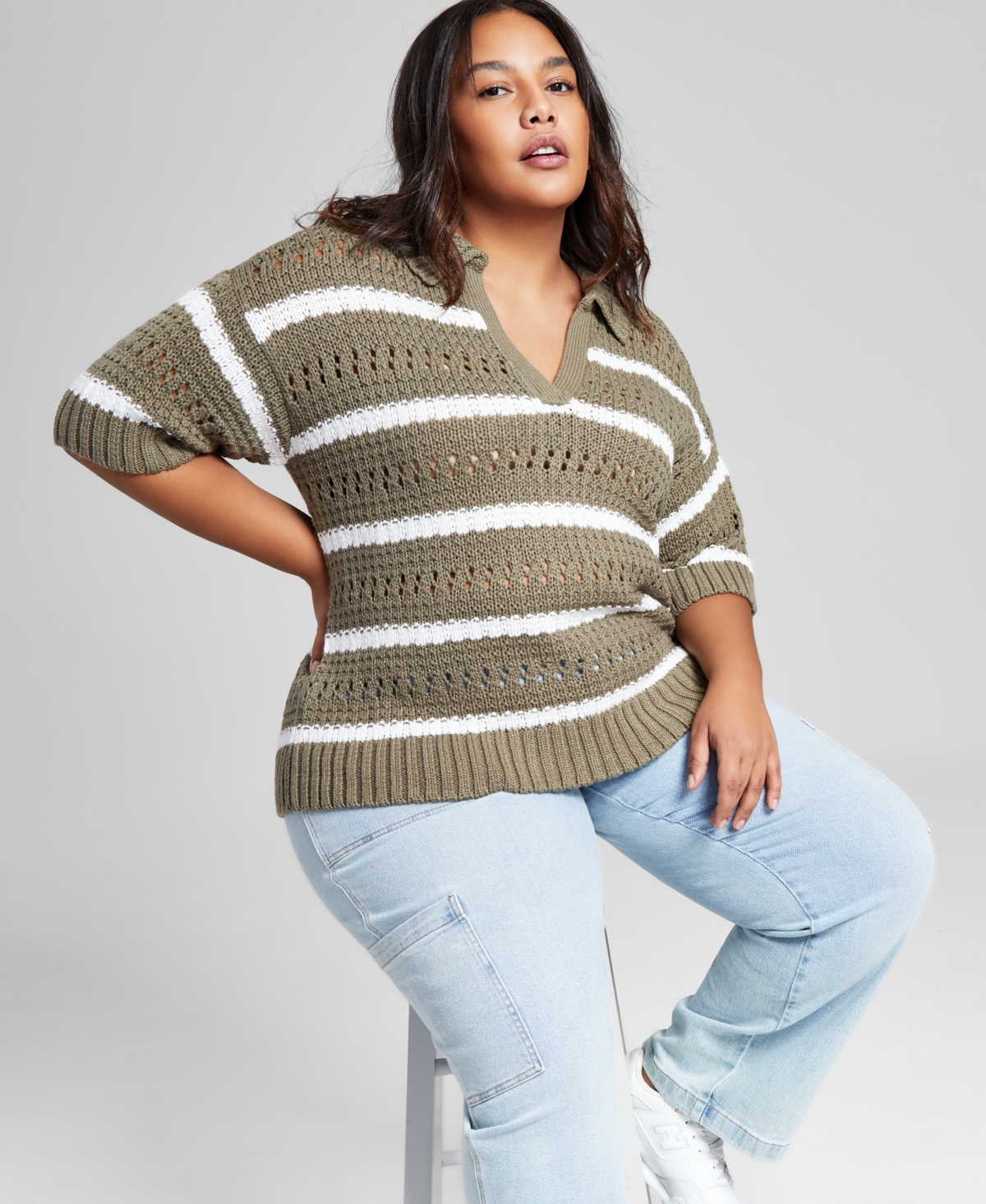 And Now This Plus Size Striped Polo Sweater, Created For Macy's In Crushed Oregano