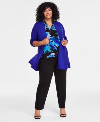 Plus Size Monterey Open Front Cardigan Printed Triple Pleat V Neck Top Hollywood Slim Fit Ankle Pants