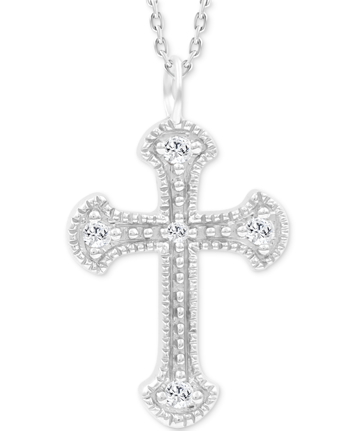 MACY'S DIAMOND BEADED CROSS PENDANT NECKLACE (1/20 CT. TW) IN 14K WHITE GOLD, 16" + 2" EXTENDER 