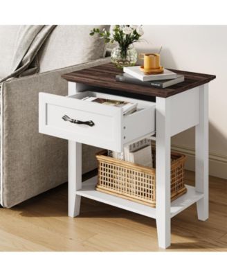 Nightstand, 2 Tiers Storage Shelves Bedside Table with Drawer & Handle, End Table for Bedroom Living Room, Easy Assembly, White