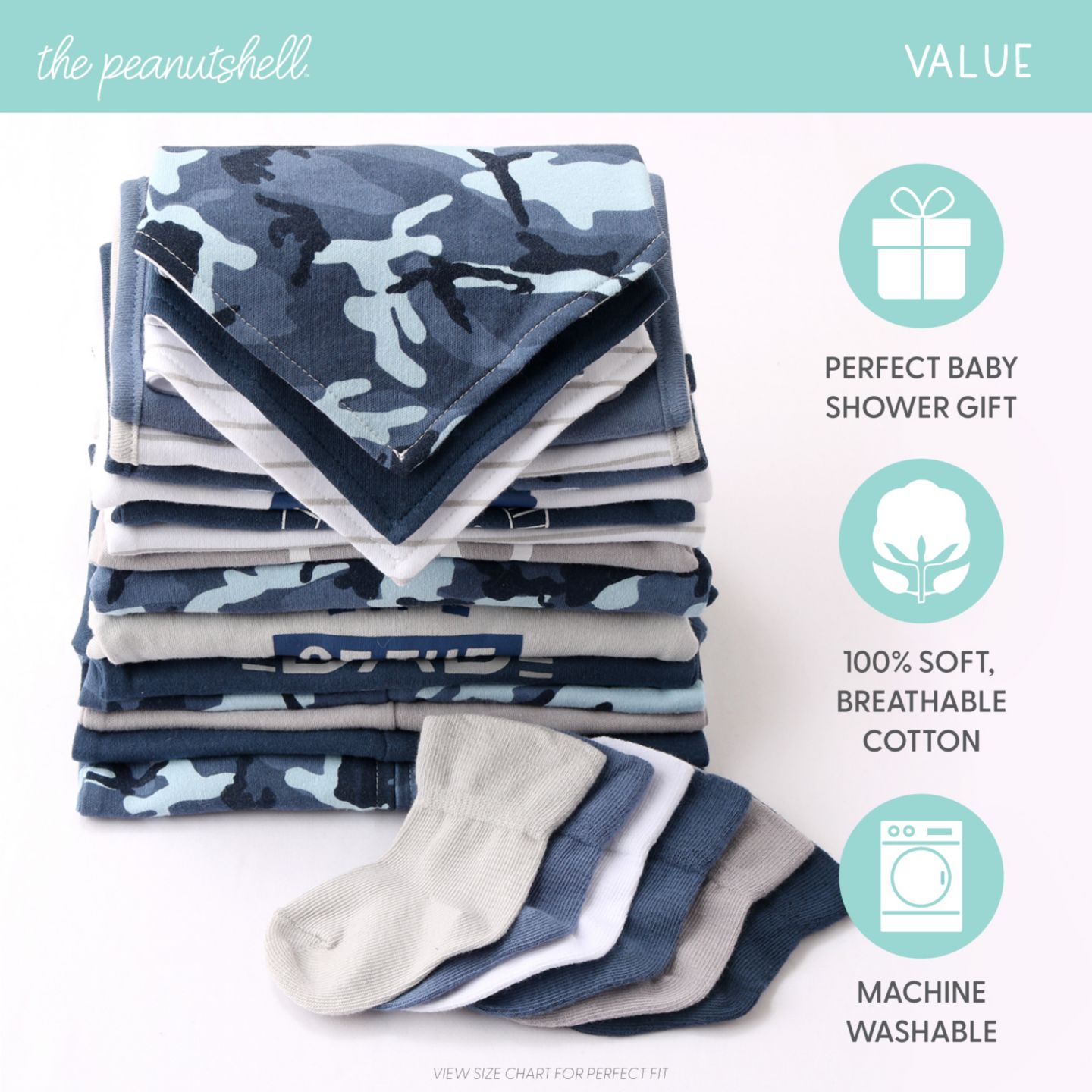 Комплекты The Peanutshell Layette Gift Set Boys, Blue Camo, 23 Essential Pieces, Blue для мальчиков-малышей, цвет: Синий — фото 7