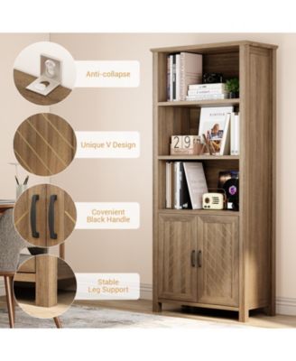 Farmhouse 5-Tier Bookshelf with Doors - Wooden Storage Bookcase with Adjustable Shelves for Living Room, Bedroom, Kitchen, and Dining Room