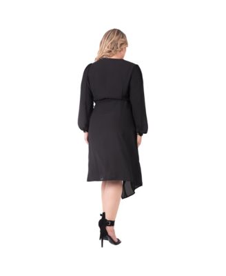 Plus Size Asymmetrical Hem Button-Up Wrap Lantern Sleeve Dress