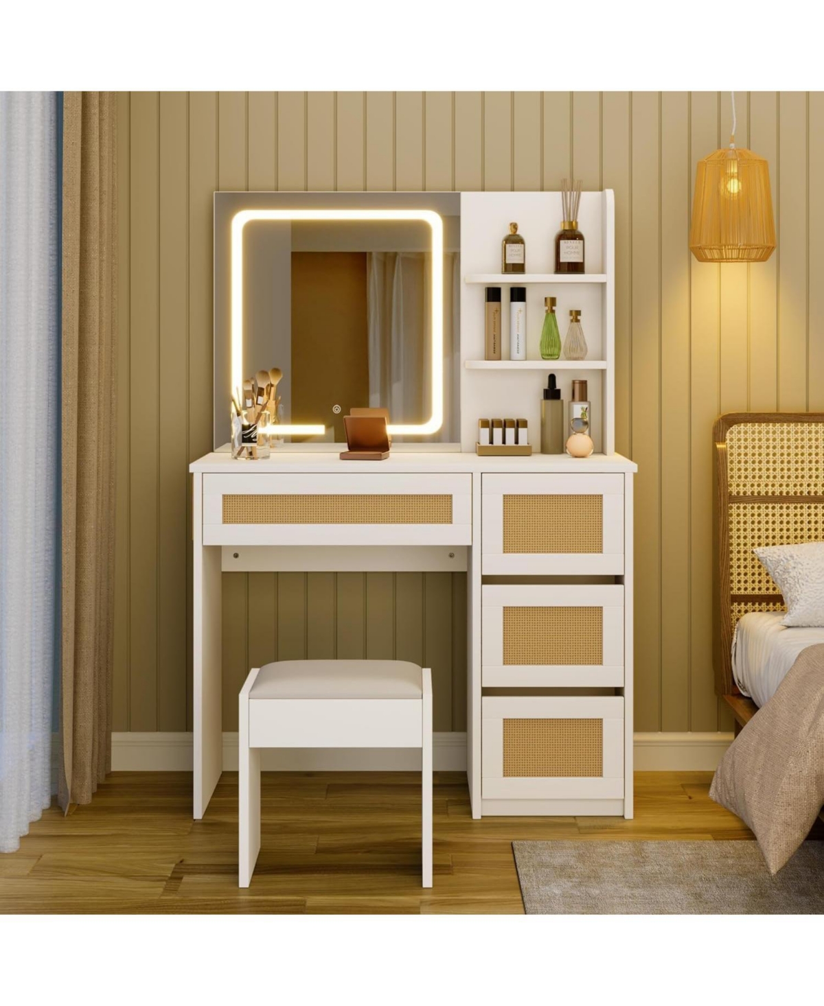 gaomon Rattan Makeup Vanity Desk with Charging Station, Vanity Desk with Mirror