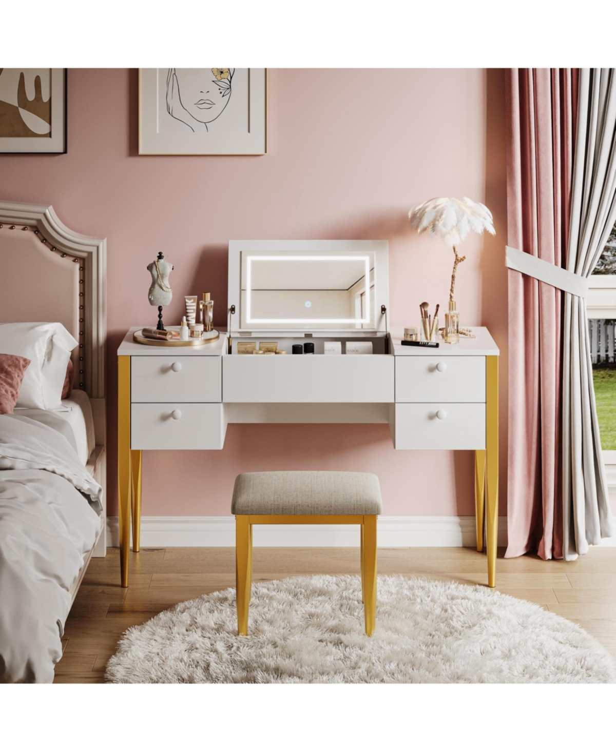 gaomon Makeup Vanity Desk with Flip Top Mirror and Lights, 47“ 3 in 1 Vanity Table with 5 Drawers, 3 Lighting Mode