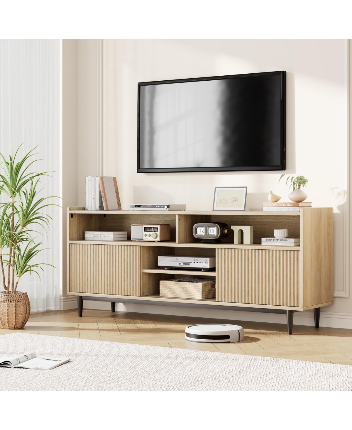 gaomon Tv Stand for inch, Mid Century Modern Entertainment Center with Storage and Sliding Doors